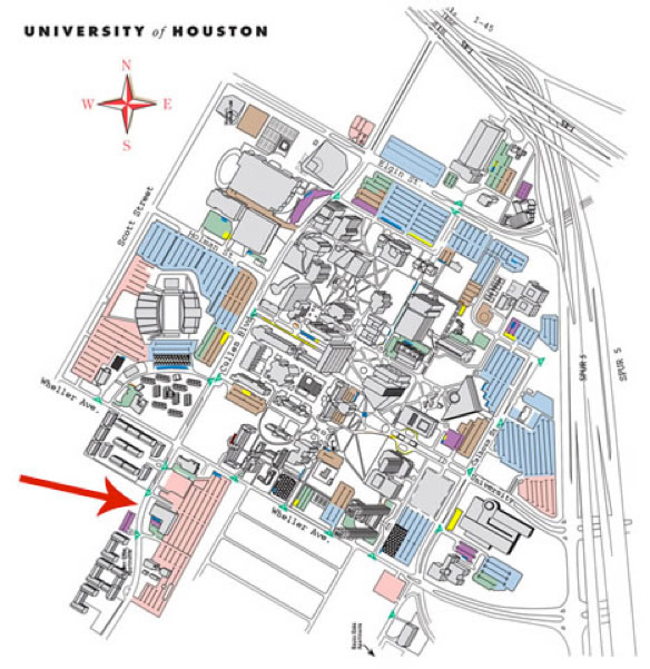 Map of the campus with the PRSC building pointed to with a red arrow