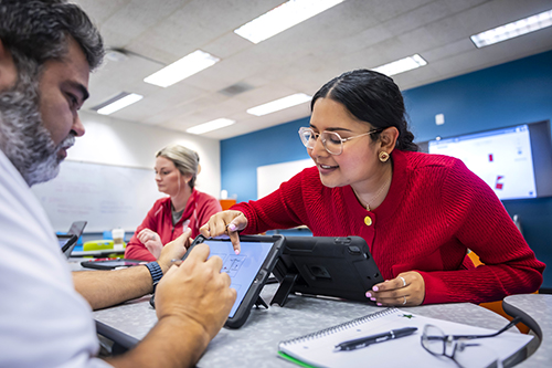 Male and female student working on a computer