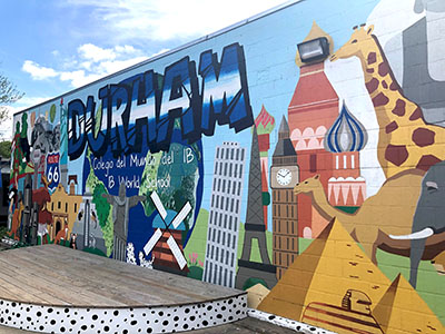 The once-gray walls of Durham Elementary are now adorned with murals that represent the diversity of the school.