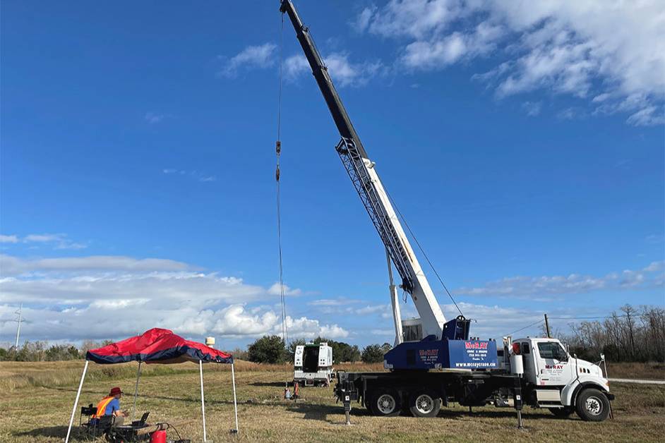 Boreholes drilling 430-foot wells at the University of Houston Coastal Center