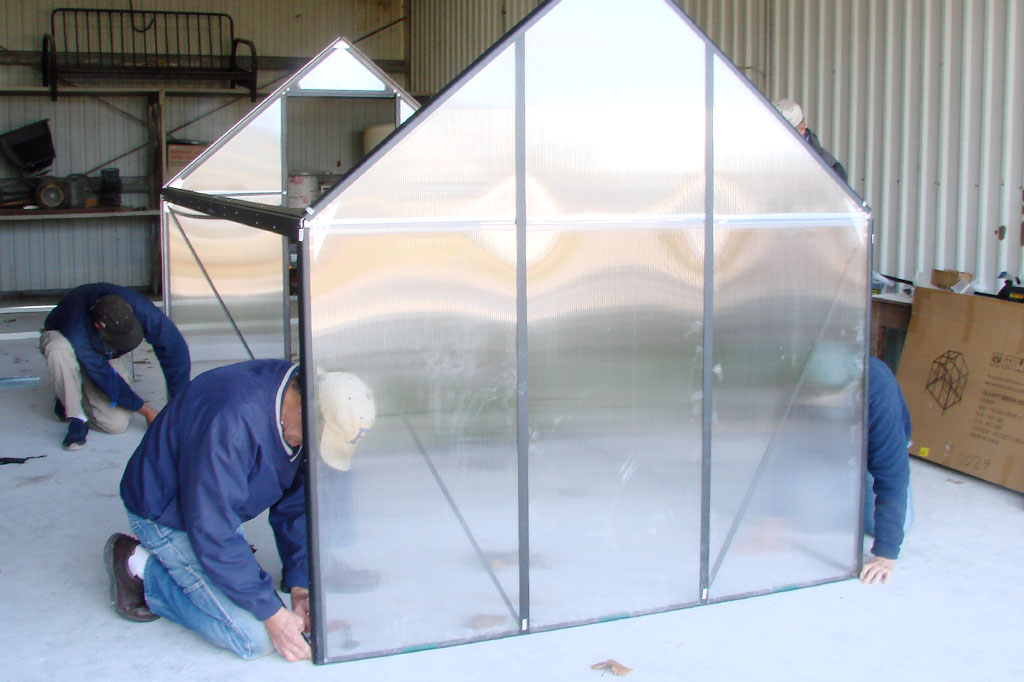 Greenhouse with transparent panels, as multiple individuals work together to secure it.