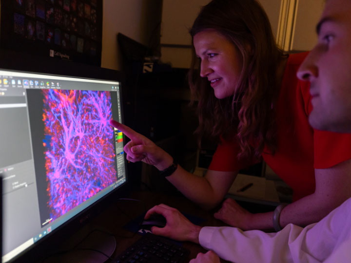 UC’s Anna Kruyer reviews astrocyte imaging on a computer.