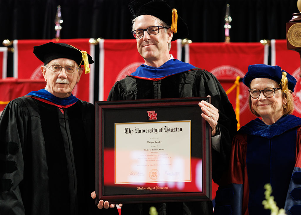 Honorary Degree Recipient Dr. Nathan Fowler with Dean Dan Wells (left) and UH Provost Diane Chase (right).