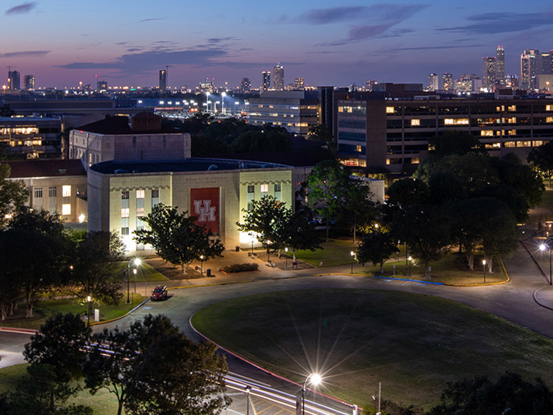 UH E Cullen Building aerial photo at night