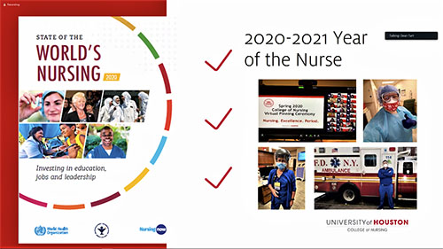 Compliation of images of nurses in personal protective equipment under the text "2020-2021 Year of the Nurse"
